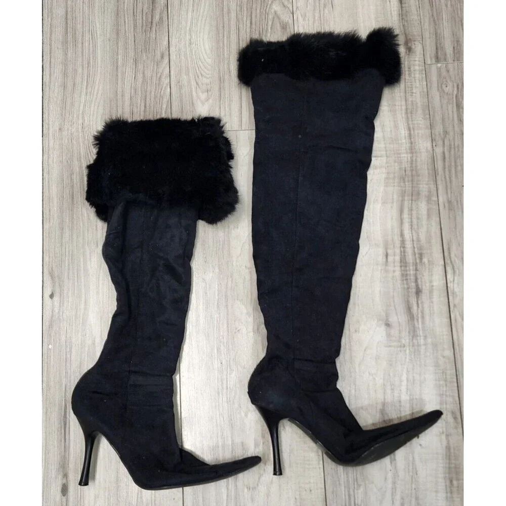 Women's Furry Trimmed Side Zipper Slim High Heel Suede Retro Over-Knee Boots 7.5